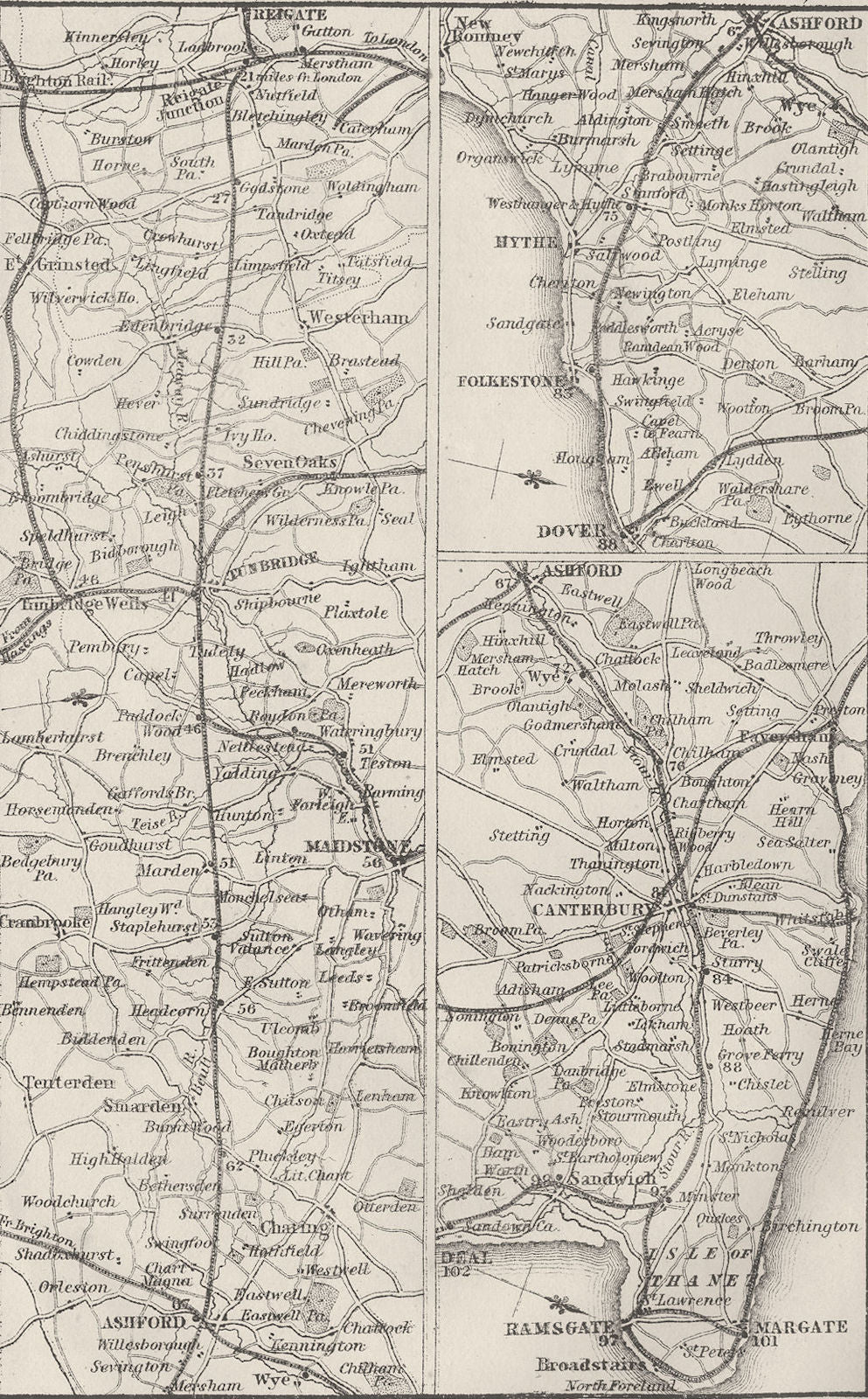 KENT. Reigate, Dover, Canterbury, Ramsgate, Margate 1874 old antique map chart